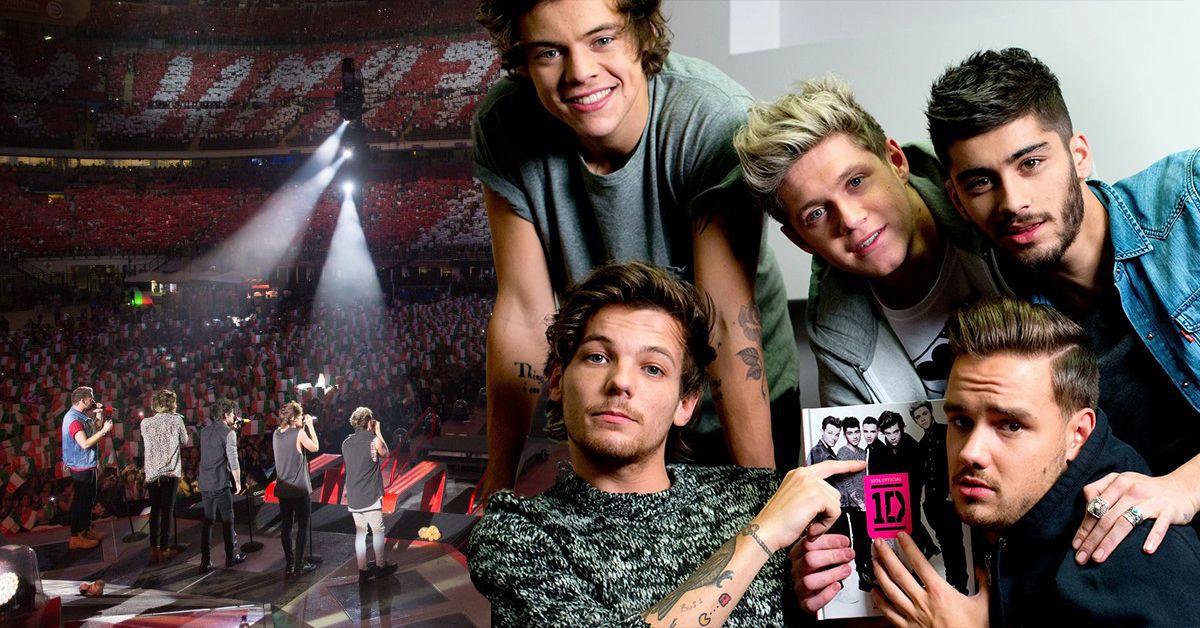 Os cinco membros do One Direction se apresentando em um show e posando com um livro