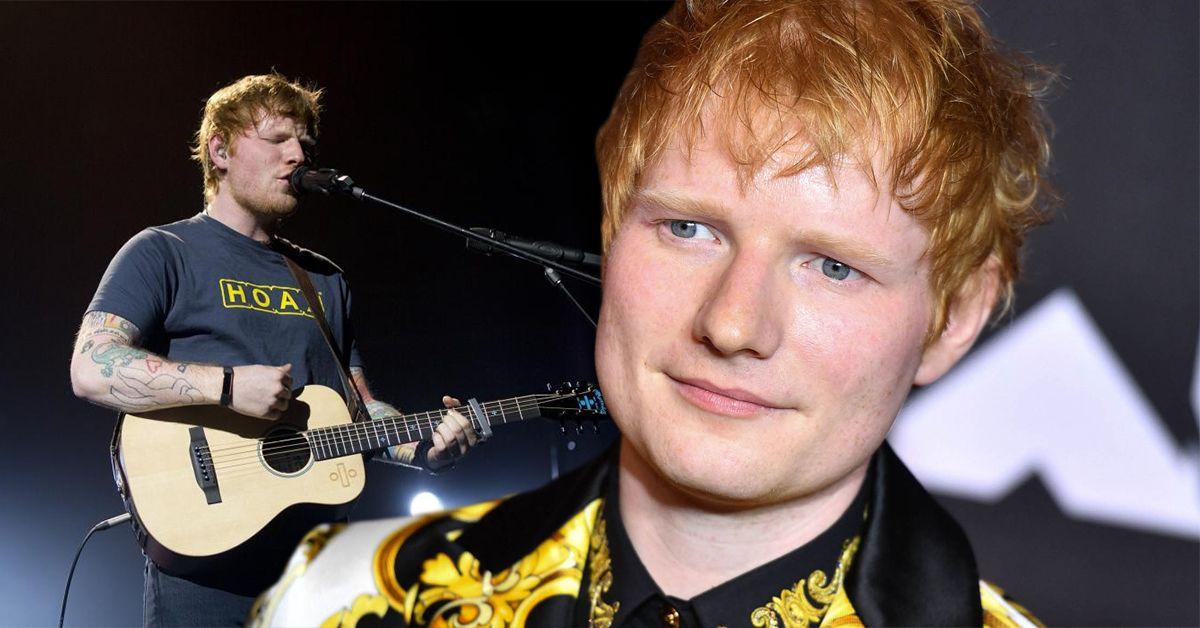 Ed Sheeran se apresentando ao vivo em um show (à esquerda), Ed Sheeran vestindo uma camisa preta e amarela (à direita)