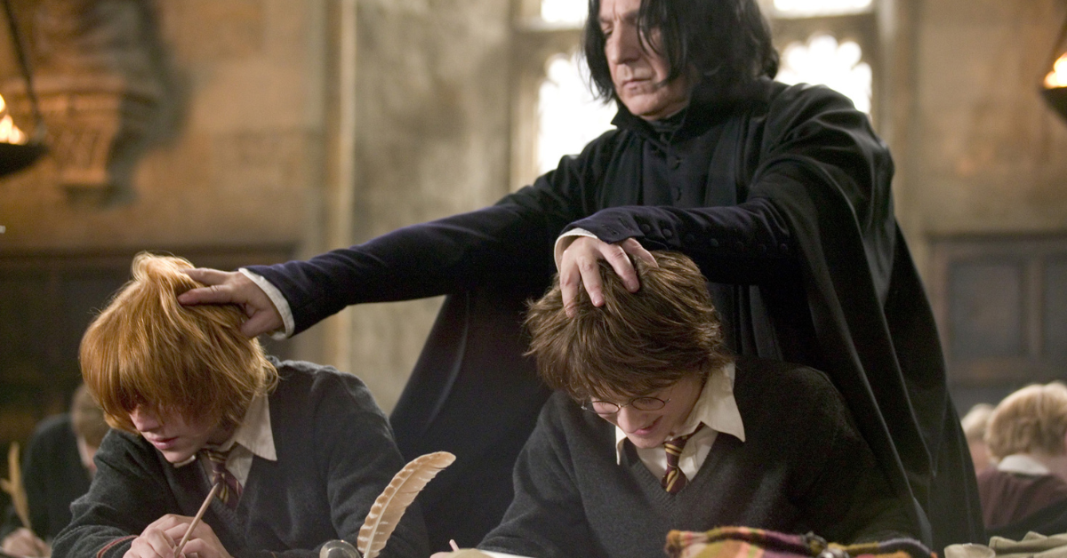 Severus Snape com Daniel Radcliffe e Rupert Grint