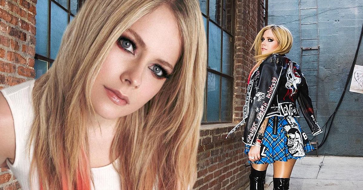 Avril Lavigne vestindo um top branco enquanto se aproxima da câmera (à esquerda), Avril Lavigne andando em uma rua olhando para trás em uma saia azul e jaqueta de couro (à direita)