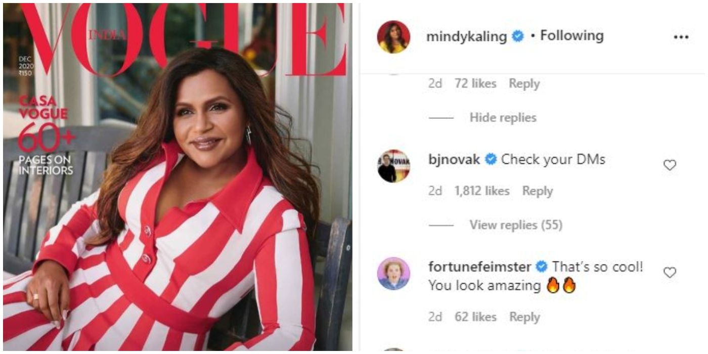 Os fãs ficam loucos enquanto BJ Novak entra nos mestres do Instagram de Mindy Kaling em uma capa impressionante da Vogue