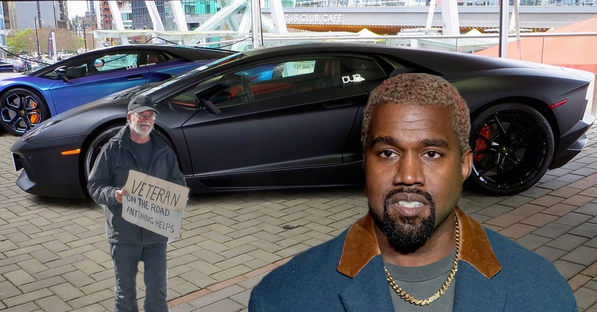 Kanye West salta de seu Lamborghini para dar dinheiro a um veterano sem-teto