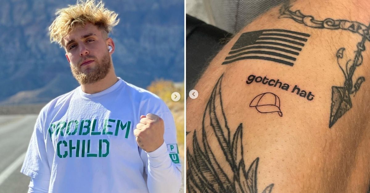 Jake Paul comemora após a luta de Floyd Mayweather com tatuagem de ‘Gotcha Hat’