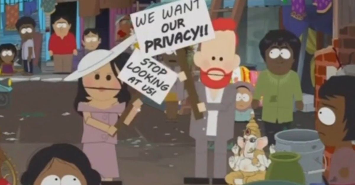 Personagens do Príncipe e sua esposa segurando cartazes em South Park