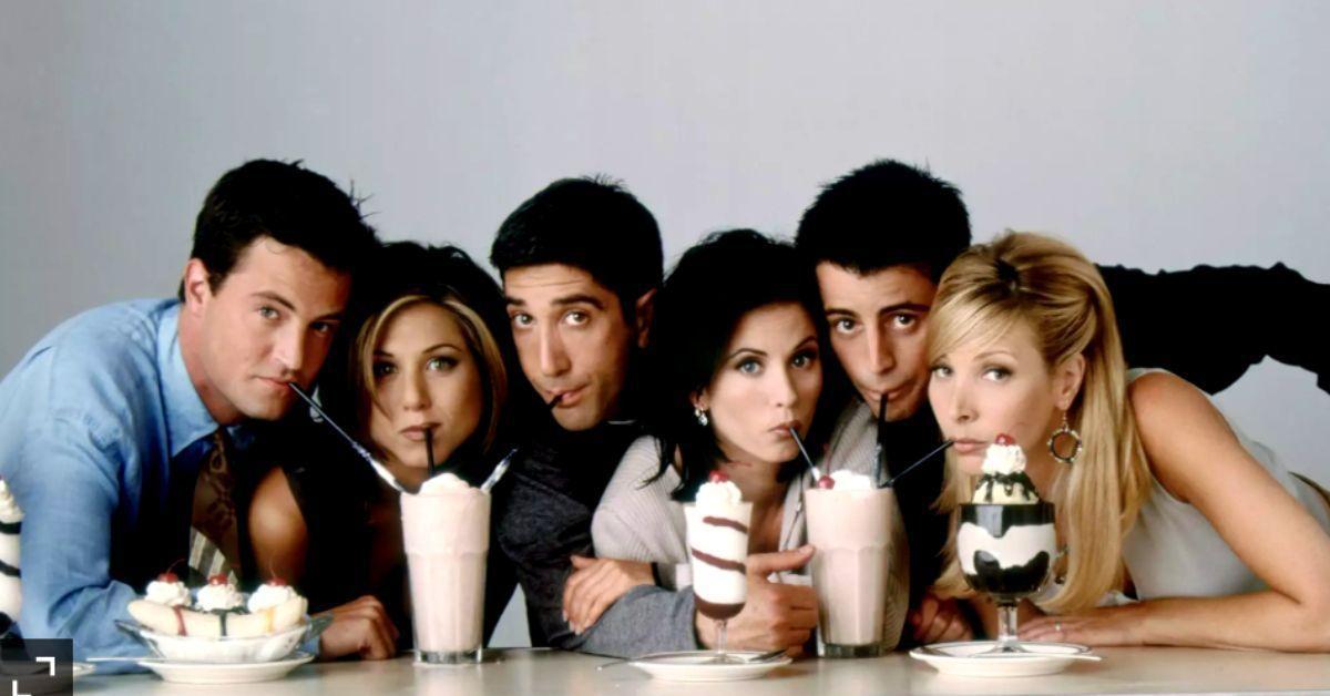 Pôster promocional do programa de TV Friends com Rachel, Ross, Chandler, Joey, Phoebe e Monica