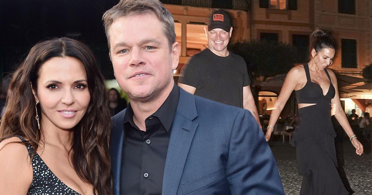 Um close de Matt Damon ao lado de sua esposa Luciana. Na outra foto, Matt Damon e Luciana vestidos de preto, flagrados em uma balada.