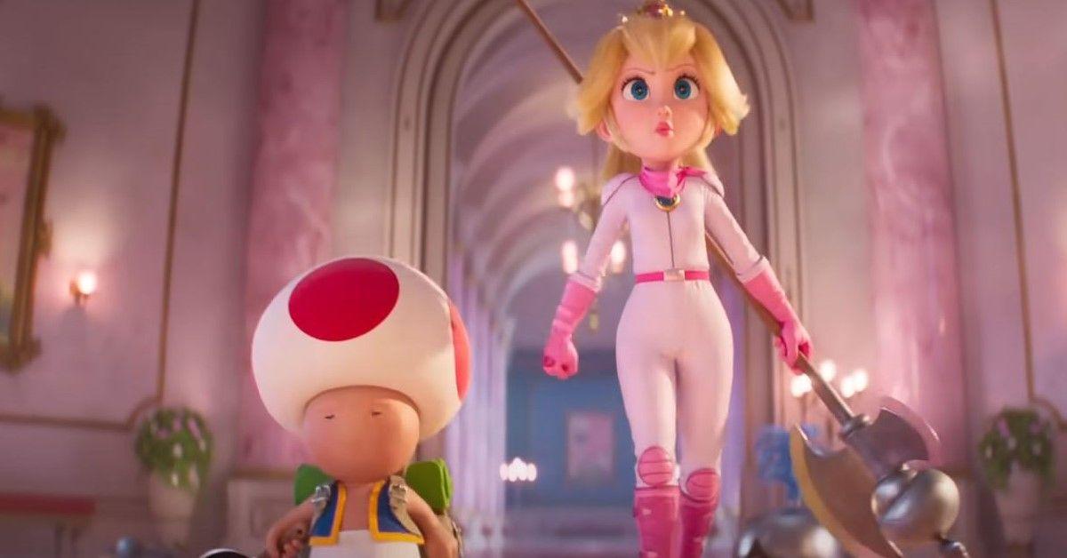 Uma imagem do filme The Super Mario Bros. com a Princesa Peach e Toad