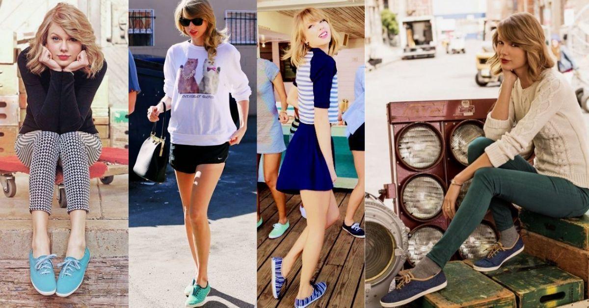 Taylor Swift usando diferentes pares de tênis keds - tênis keds campeão azul