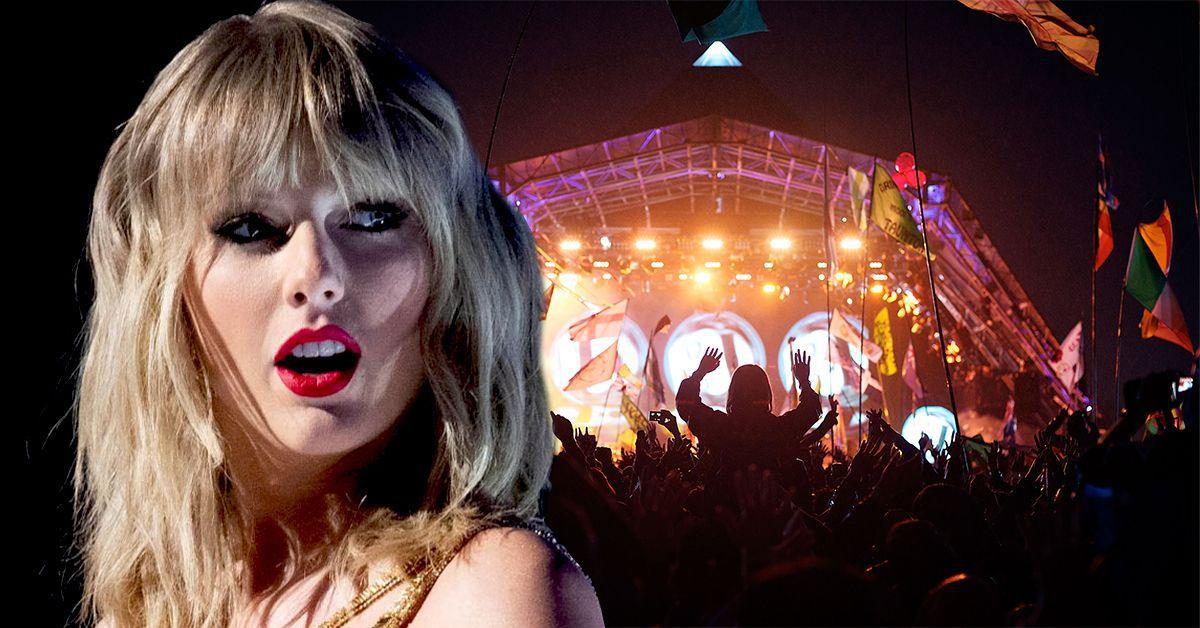 Taylor Swift usando um batom vermelho segurando a boca aberta em estado de choque (à esquerda), uma plateia de um show de Taylor Swift dançando enquanto ela se apresenta (à direita)
