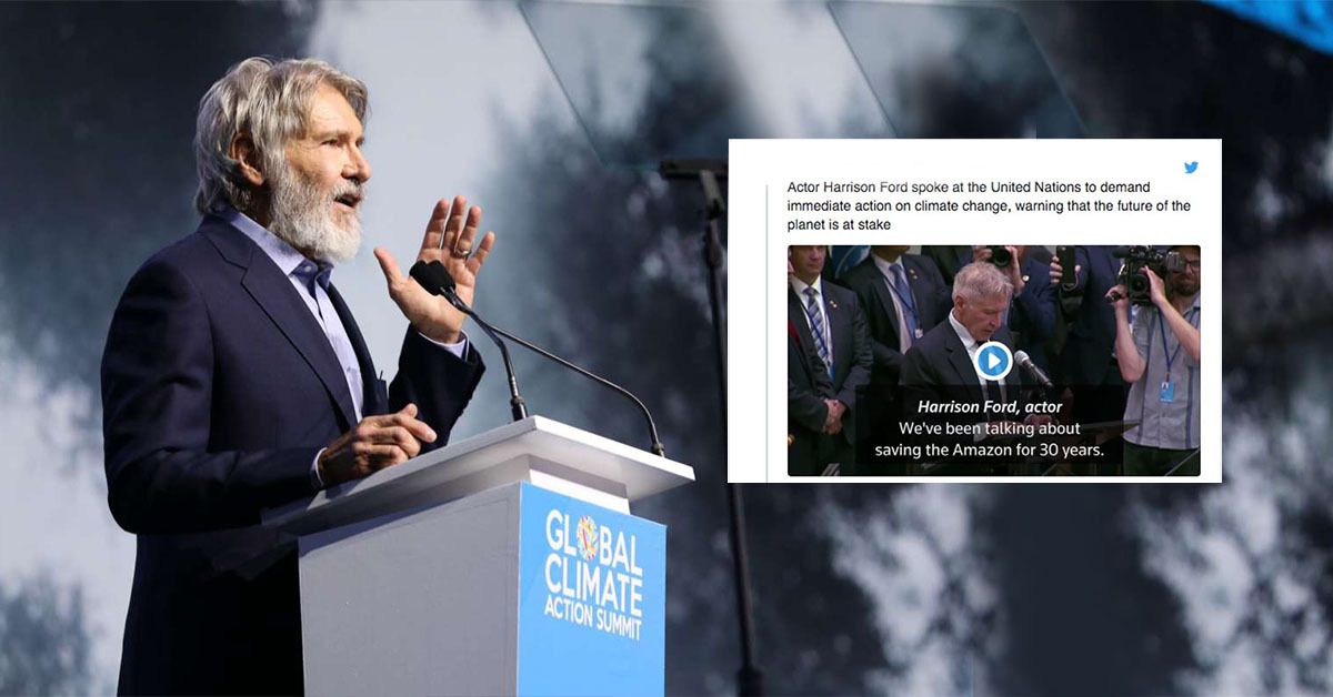 Discurso ressurgido de Harrison Ford sobre as tendências da crise climática no Twitter
